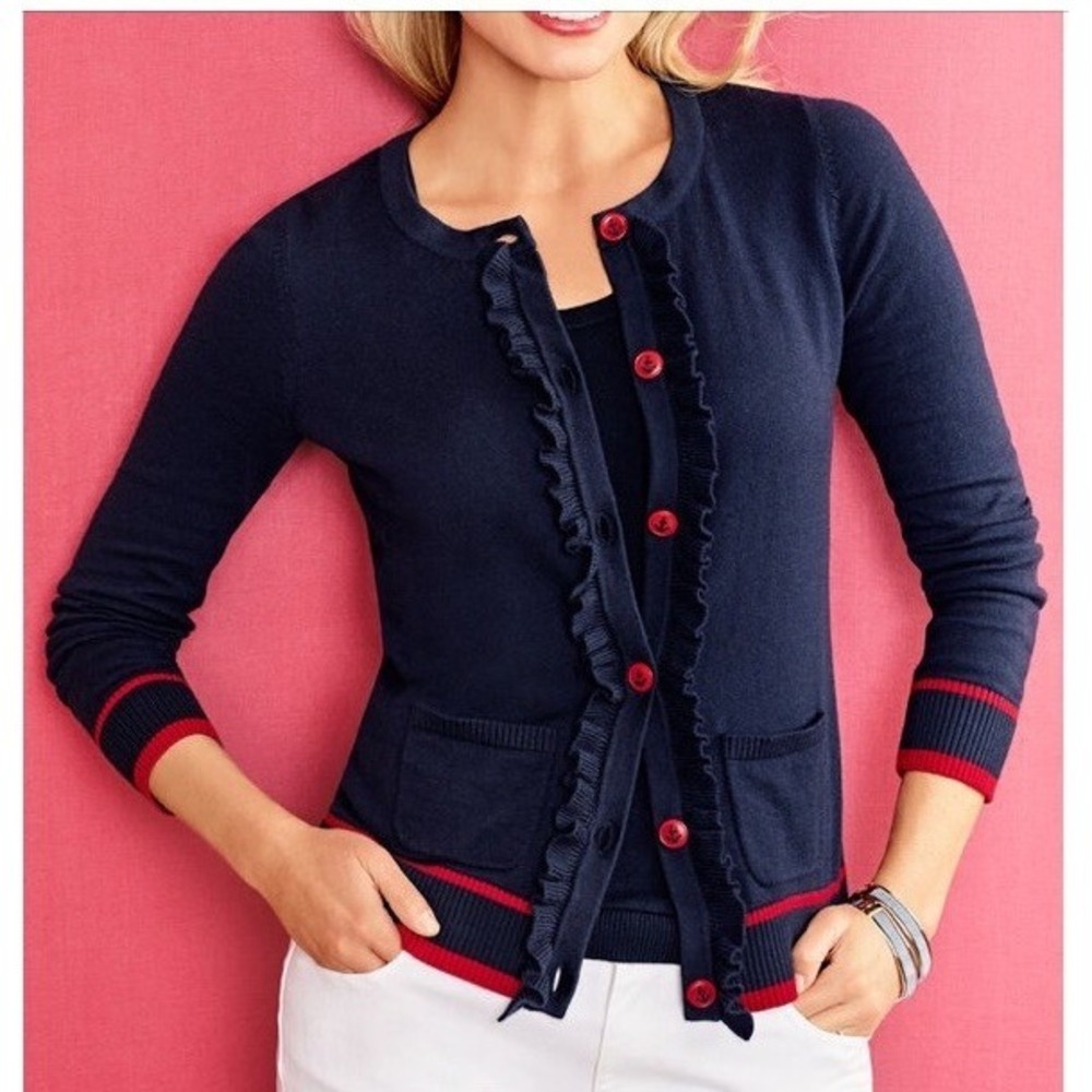 Talbots Ruffle‎ Front Cardigan Sz MP NWOT Nautical Cashmere Blend Sweater Navy